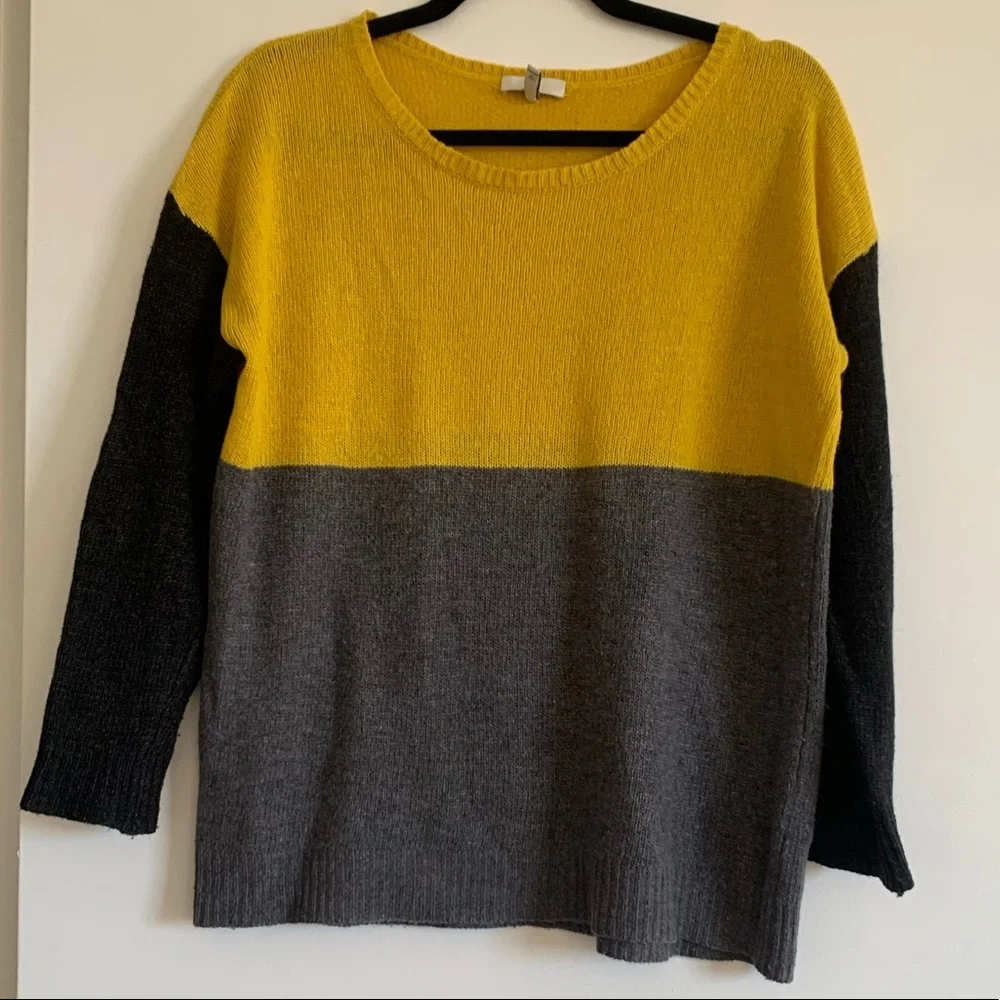 Joie Yellow/Black/Grey Colorblock Viscose/Lambswool/Cashmere Crewneck Sweater - Picture 3 of 7